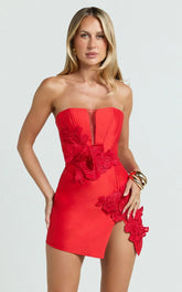 Dolores Mini Dress - Strapless Plunge Bodycon Leg Split Dress In Red