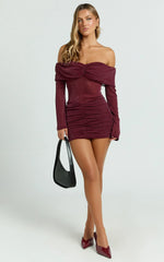 Rumi Mini Dress - Glitter Tulle Off Shoulder Ruched Dress In Wine