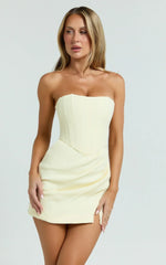 Avery Mini Dress Strapless Corset Bodice Draped Dress In Lemon