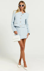 Olympia Jacket - Boucle Scoop Neck Button Down Long Sleeve Jacket In Pale Blue