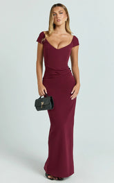 Veronika Maxi Dress - Off Shoulder Plunge High Split Dress In Wine
