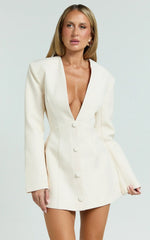 Ninette Mini Dress - V Neck Tulip Hem Blazer Dress In Cream