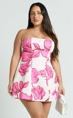 Catharine Mini Dress - Strapless A Line Dress In Bouquet Di Fiori Print