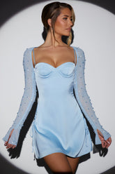 Long Sleeve Embellished A-Line Mini Dress In Blue