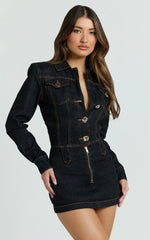 Fabia Mini Dress - Denim Hardware Button Front Fitted Shirt Dress In Dark Wash