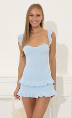 Techno Crepe Ruffle Corset Dress In Blue
