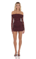 Off Shoulder Long Sleeve Lace Dress In Burgundy
