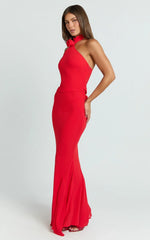 Frederica Maxi Dress - Gathered Halter Neck Godet Dress In Red