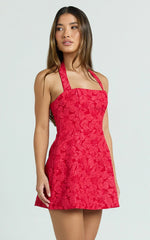 Gabbie Mini Dress - Jacquard Halter Fit And Flare Dress In Red
