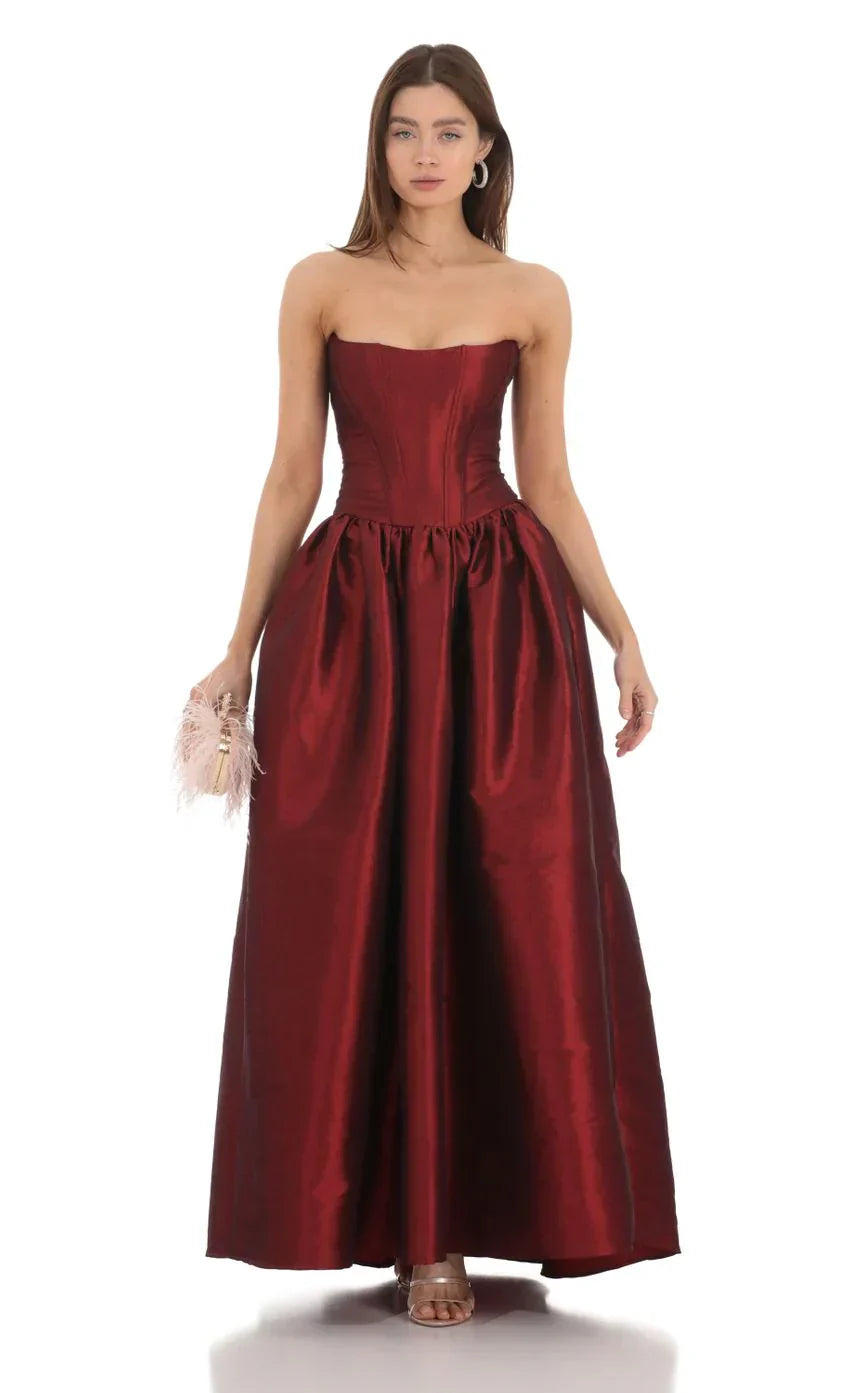 Strapless Corset Gown In Deep Red