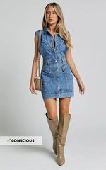 Jasse Mini Dress - Hardware Button Through Denim Dress In Mid Blue Wash