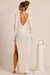 Embellished Long Sleeve Backless Maxi Dress In White