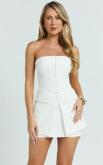 Monroe Two Piece Set - Strapless Button Down Longline Vest Top And High Waisted Mini Skirt In Cream