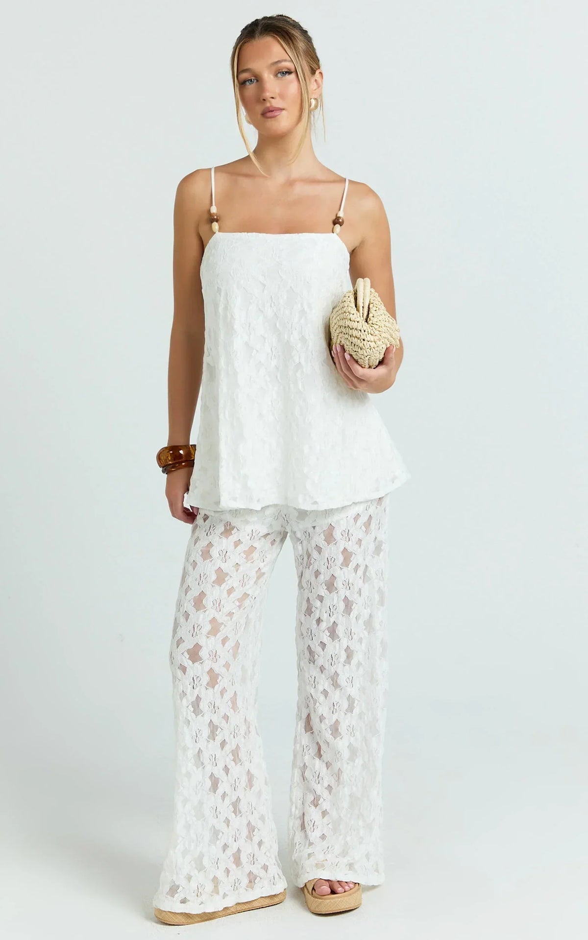 Leah Two Piece Set - Beaded Cami And Wide Leg Lace Pant Set In White