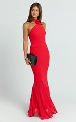 Frederica Maxi Dress - Gathered Halter Neck Godet Dress In Red